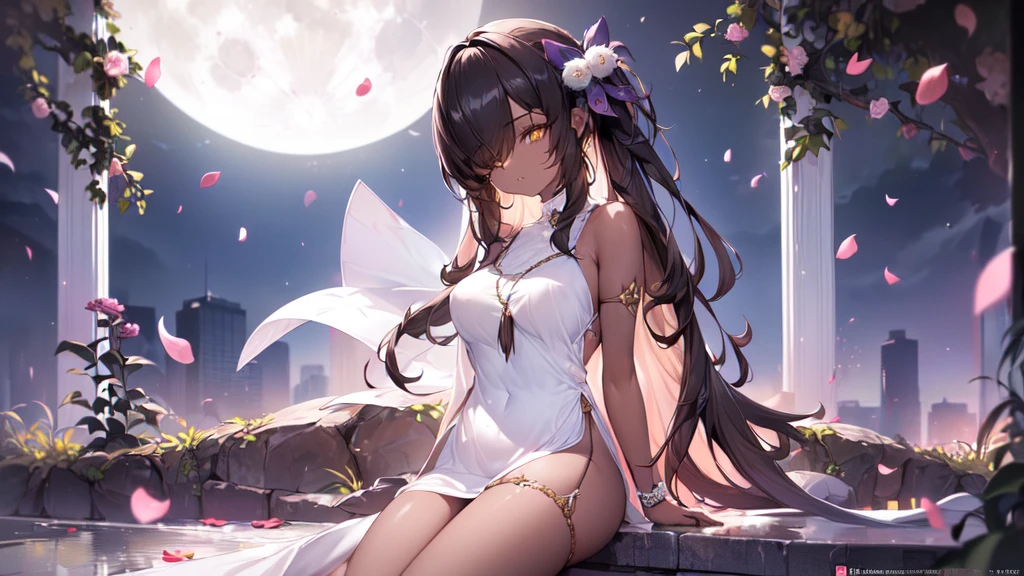 ((((Obra maestra, La mejor calidad, ultrahigh resolution)))), 1girl, standing,), ((long pure brown hair, hair over eye)), long hair cut, shiny skin, ((golden eyes)), glowing_eyes, neon eyes, (ultra detailed eyes:0.7, beautiful and detailed face, detailed eyes:0.9), ((centered)), smirk, facing viewer, ((vibrant background, dark lighting, summer, sunlight)), large chested, looking at viewer, ((half closed eyes)), ((perfect hands)), (((head:1, arms, hips in view, elbows, legs, in view))), ((hands behind back)), empty eyes, beautiful lighting, ((outside, outdoors)), defined subject, head tilt, (((gritty)), ((creepy)), ((cool)), ((beautiful)), (((SFW))), hair ornament, petals in the air, moon in the sky, city, mature woman, adult woman, sfw, pink and white dress, night dress, she is a princess, gal, dark skin, 