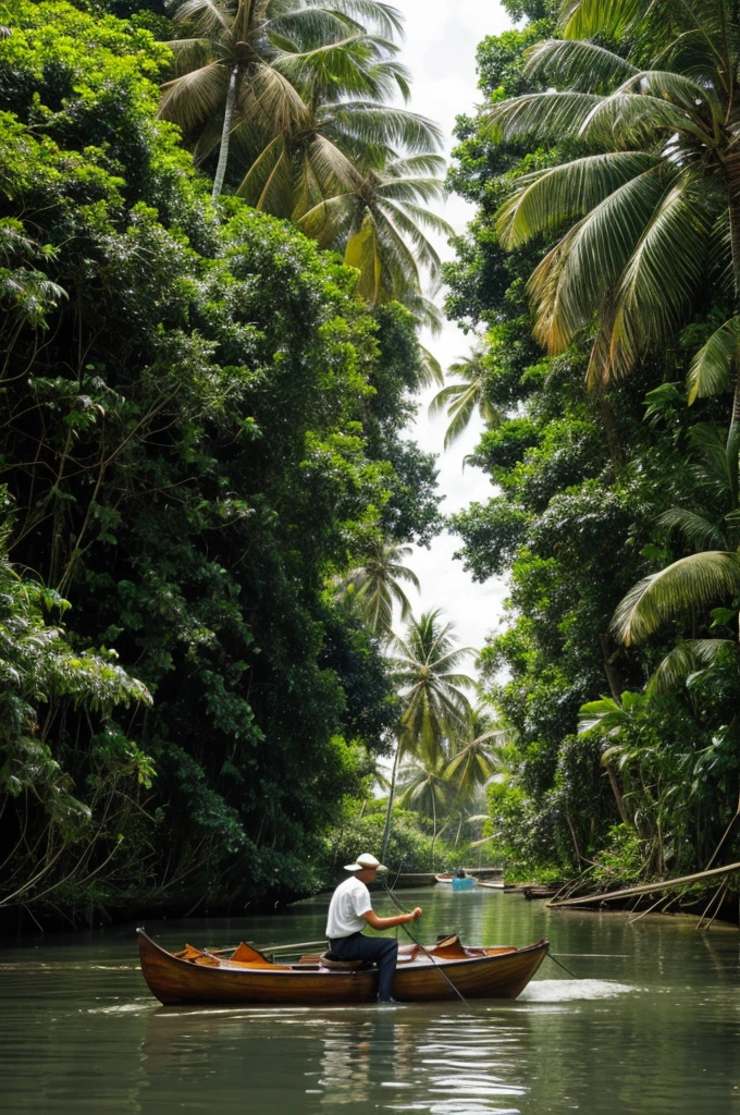 Man playing a cello sailing alone in an old boat in a tropical river canal with a lot of vegetation around