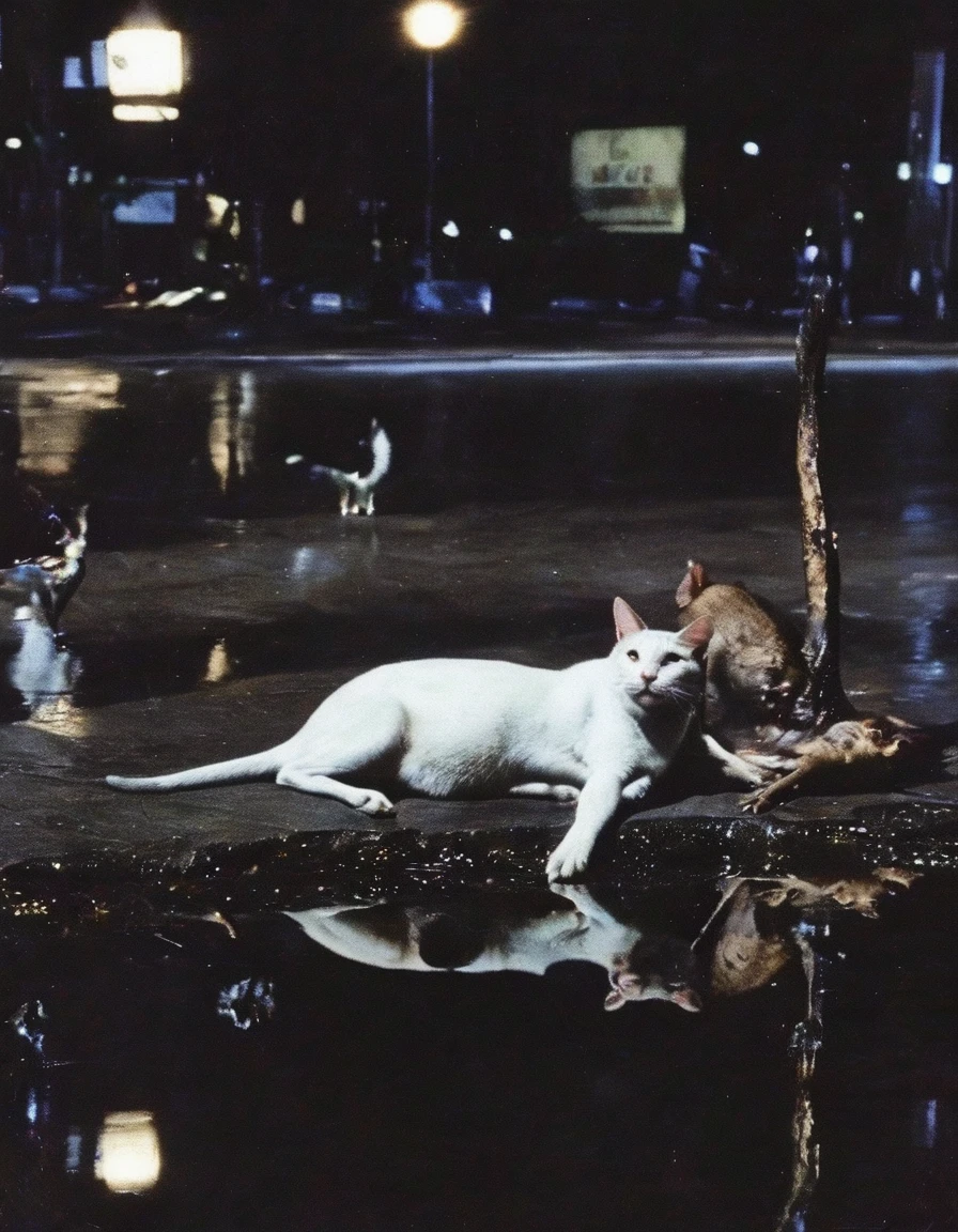 cat with rats on bangkok street at night