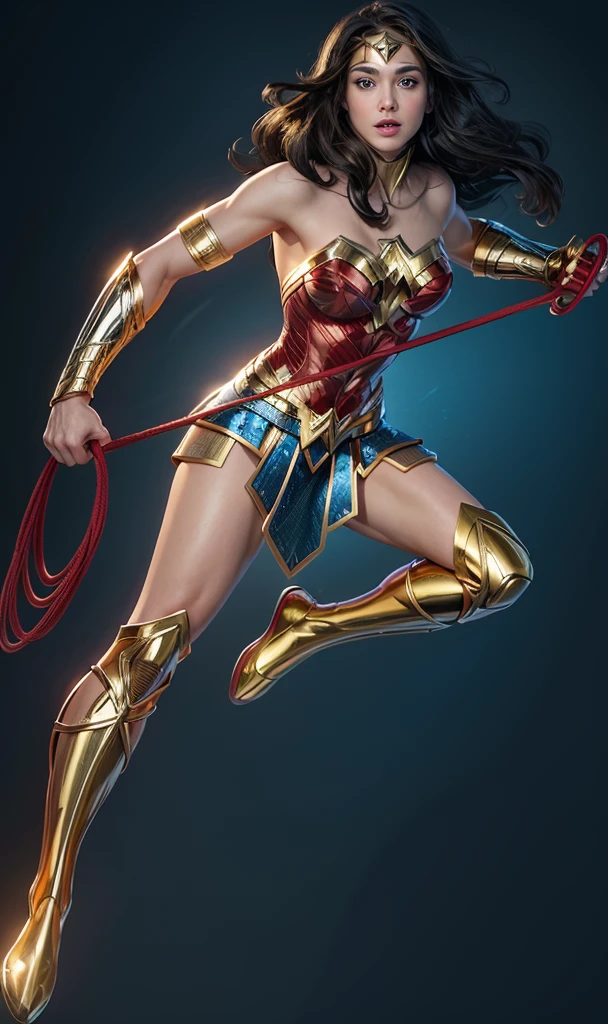 The actress Gal Gadot playing the character Wonder Woman flying in the skies,holding the golden and shiny rope, Holding your shiny golden bow, perfect costume, soft curves, bright blue eyes and gorgeous