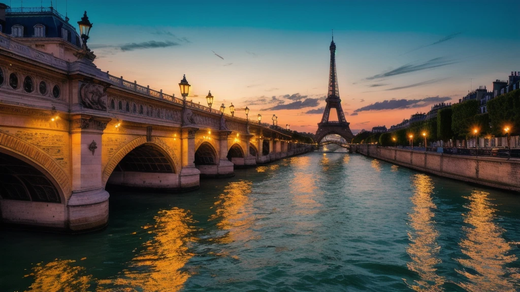 RAW photo of a landscape, small details, photorealistic, ultra-realistic photo, 8k uhd, dslr, soft lighting, high quality, film grain, Fujifilm XT3, (masterpiece), vibrant, urban landscape featuring the Seine River flowing through Paris at sunset. The river is lined with iconic landmarks such as the Eiffel Tower, Grande Mosquée de Paris, and ornate bridges like Pont Alexandre III. The sky is painted with hues of teal and orange as the sun sets, casting a warm glow over the cityscape. City lights begin to twinkle, reflecting off the water's surface alongside the colorful sky, creating a stunning, vibrant scene. Boats, including Bateaux Mouches, can be seen clearly of its texture on the river, and pedestrians stroll along the quais, enjoying the beauty of the vibrant teal and orange sunset in the heart of Paris.