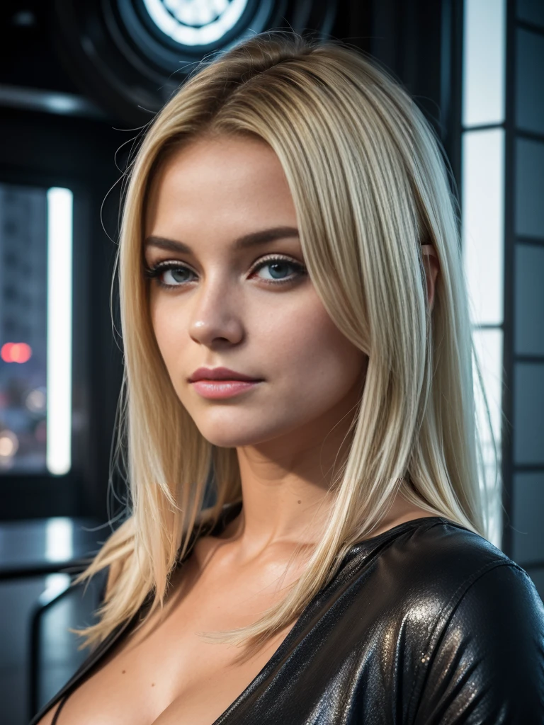Photo d’une fille européenne, brut, Belle femme, (Cheveux blonds ondulés extra longs), ((portrait)), ((détaillé face:1.2)), ((détaillé facial features)), (finely détaillé skin), peau pâle, (high détaillé deep cleavage cyberpunk steel dress), environnement de mégapole cyberpunk, (couleurs froides), humide, humide, reflets, (chef-d&#39;œuvre) (proportion parfaite)(photo réaliste)(meilleure qualité) (détaillé) photographié sur un Canon EOS R5, objectif 50 mm, F/2.8, hdr, (8k) (Fond d&#39;écran) (éclairage cinématographique) (éclairage dramatique) (netteté) (complexe)gros seins