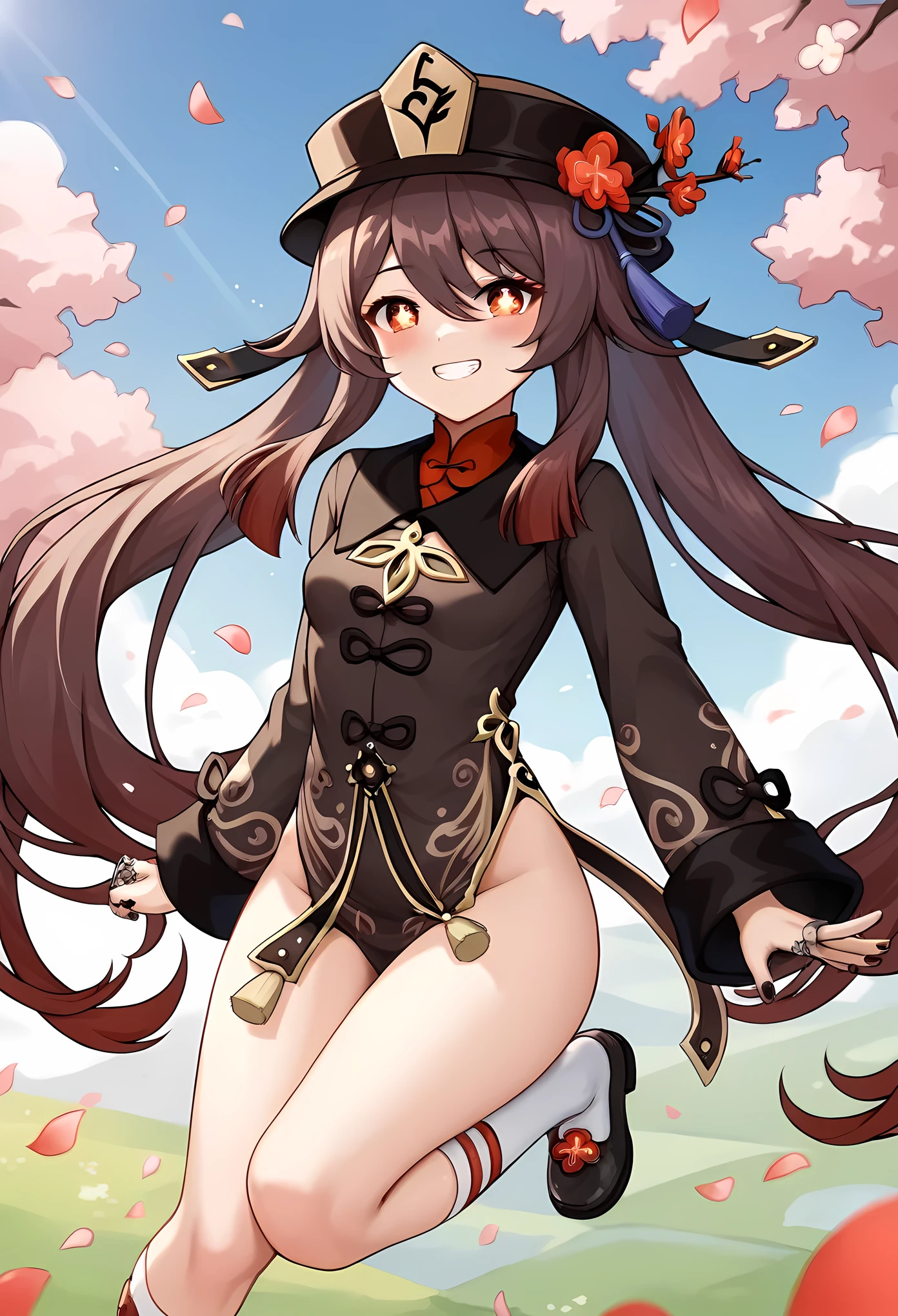 score_9, score_8_up, score_7_up, score_6_up, score_5_up, score_4_up, BREAK ,showing a pregnancy test, 1girl, (close-up of face:1.2), blush,smile,grin,,hu_tao(genshin impact),hu tao, long brown hair, red eyes, twin tails, small breasts, hat, Chinese clothing, white socks,,surrounding by flowers,falling_petals, outdoors, petals,