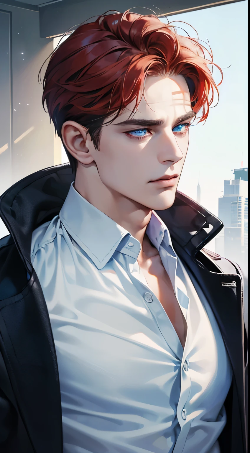 (best quality, masterpiece, 8K, photorealistic, cinematic lighting, 1:4 hdr image, ultra detailed, beautiful image), a mature man, 34 years very handsome, ((cold expression)), short red hair, blue eyes, face perfect without mistakes, ((buttoning his jacket, CEO))