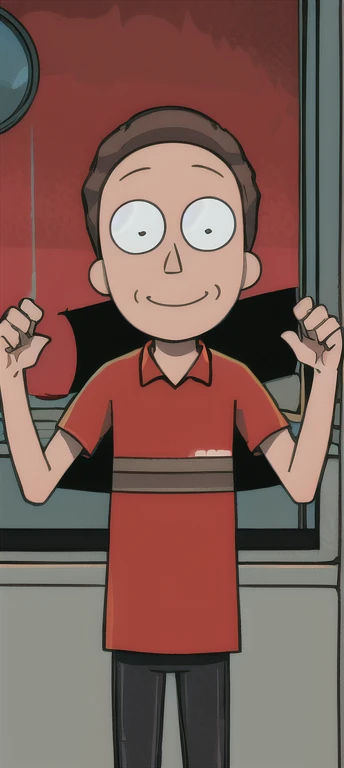 1 young boy,standing alone, points for eyes, brown hair red shirt, black pants, work of art, best qualityer, flat colour, trunk, Grinning, loking at viewer