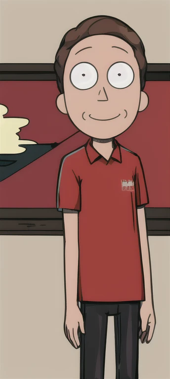 1 young boy,standing alone, points for eyes, brown hair red shirt, black pants, work of art, best qualityer, flat colour, trunk, Grinning, loking at viewer
