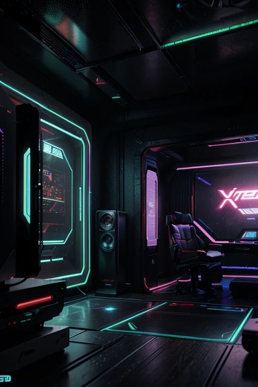 a futuristic gaming room, retro gaming setup, gaming PC, gaming consoles, neon lights, holographic displays, futuristic interface, cyberpunk atmosphere, moody lighting, detailed textures, volumetric fog, hyper-detailed, cinematic lighting, photorealistic, 8k, RAW render, concept art style