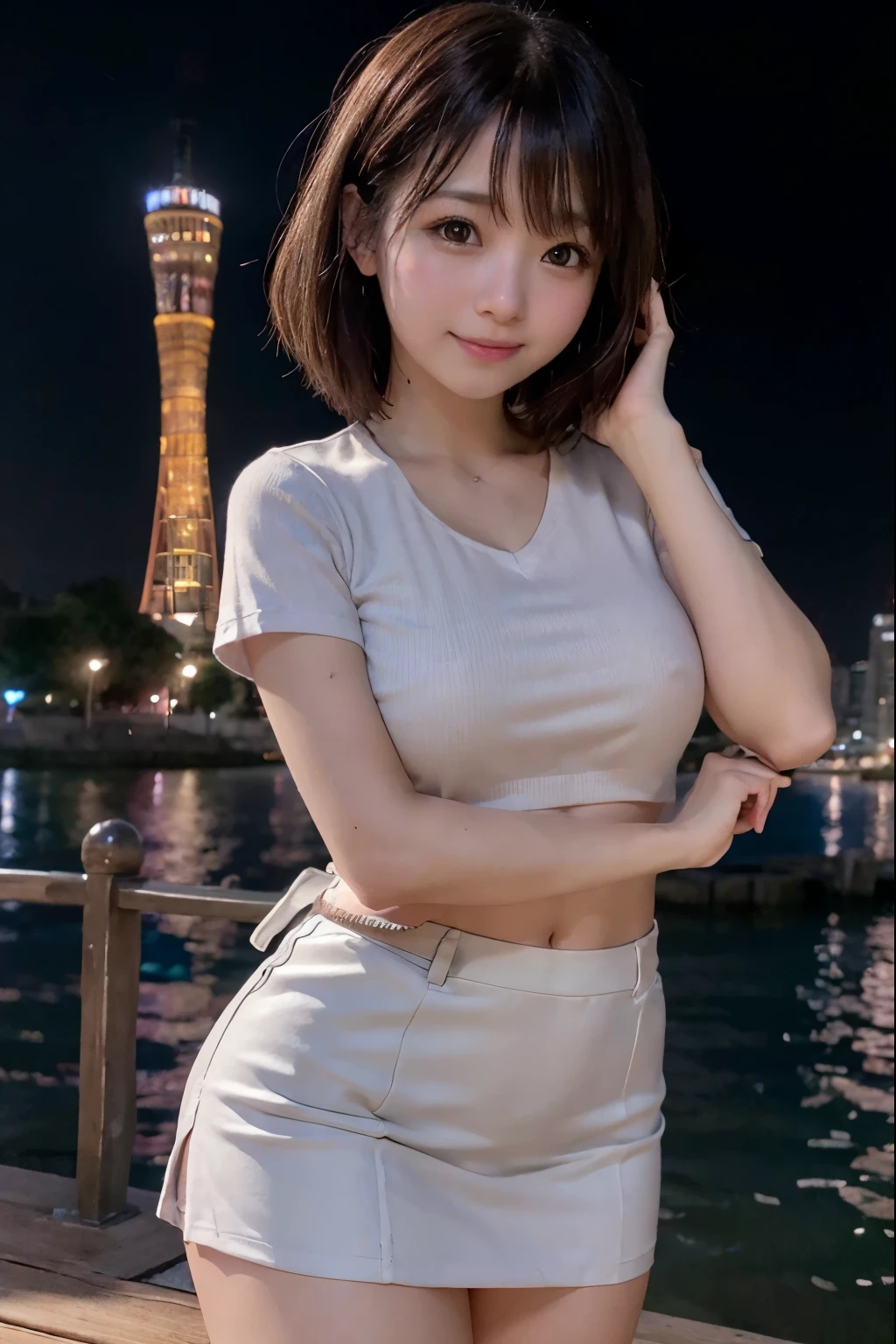 SFW,
Outside,
porttower, kaiyomuseum, city lights, reflection, neon lights,
Water-Front, deck,
1 Japanese Girl, Short Bob Cut, Wide-Set Eyes, Pale Skinned, Bashfully, Blush, 18-Year-Old, Open Mouse Slightly,
Perfectly anatomically correct,
(Skirt, Polo Shirt)Brown Hair, Wet Hair, Messy Hair,
Ecstasy, Light Smiling,
Looking Back Viewer,
Dynamic Angle, from Below,
8K, RAW Photo, Best Quality, Masterpiece, Realistic, PhotoRealistic, Extremely Detailed 8K Wallpaper, Beautifully Detailed Eyes, Finely Detailed Face,
Professional Lighting, Cinematic Lighting, bokeh