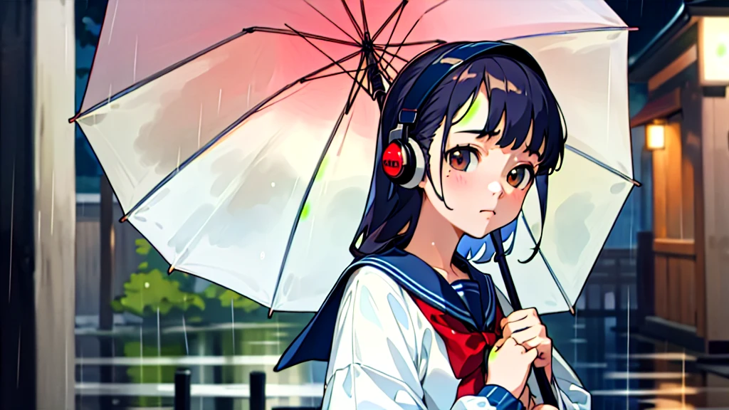 (Highest quality, masterpiece, Ultra-realistic), Beautiful and delicate１５Year-old girl portrait, Holding an umbrella、Calm expression, The background is a quiet street in the evening、Downpour during the rainy season、While listening to music with headphones、Looking at me。Sailor suit