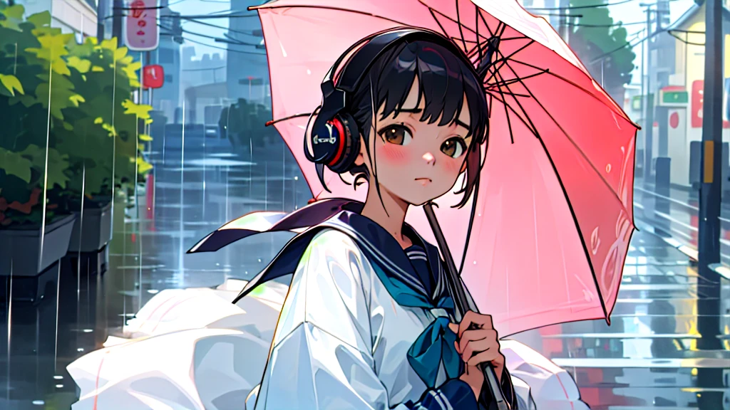(Highest quality, masterpiece, Ultra-realistic), Beautiful and delicate15Year-old girl portrait, Holding an umbrella、Calm expression, The background is a quiet street in the evening、Downpour during the rainy season、While listening to music with headphones、Looking at me。Sailor suit