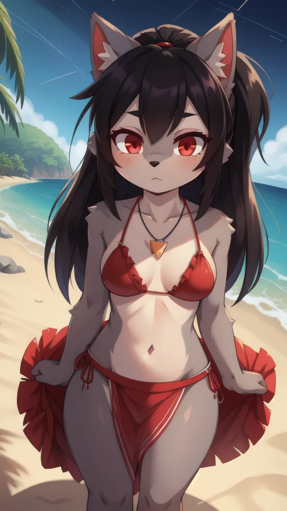 score_9,score_8_up,score_7_up, source_cartoon, source_furry, furry girl, wolf, black hair, punk hairstyle, huge long spiky ponytail, anime style, small breasts, red eyes, makeup, eyeshadows, ((deep red bikini ruffled triangle, high cut bottom, star necklace, beach sarong with shooting stars on hips)), high quality, detailed body, detailed eyes, detailed face, masterpiece, glistening body, detailed body fur, best quality, two tone body, gray fur, clear gray fur, perfect lighting, perfect shadows, perfect eyes, perfect hair, perfect face, gorgeous body, skinny, :3, glowing red eyes, street, from above, motion blur, POV hands / torso grab, grab whole body