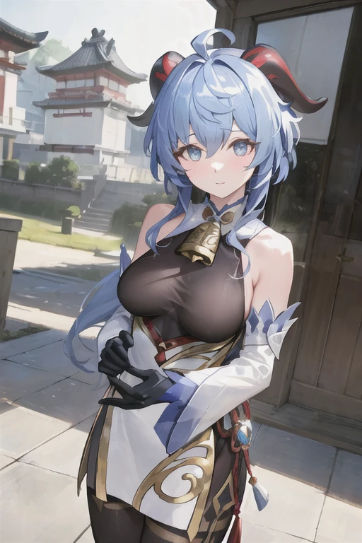 masterpiece, (photorealistic: 1.5), best quality, beautiful lighting, real life,

Ganyu \(Genshin Impact\), 1girl, Ahoge, architecture, fringe, bare shoulders, bell, black gloves, body covered only by cloth ribbons, (blue hair), blush, breasts, Chinese knot, detached sleeves, east asian architecture, flower knot, gloves, horns, long hair, looking at the viewer, large breasts, neck bell, night, outdoors, purple eyes, cloth ribbon,  Naked, sexy, locks, solo, tassel, white sleeves, (ulzzang-6500:0.5)

, intricate, high detail, sharp focus, dramatic, beautiful girl, (RAW photo, 8k uhd, film grain), caustic, subsurface scattering, reflections