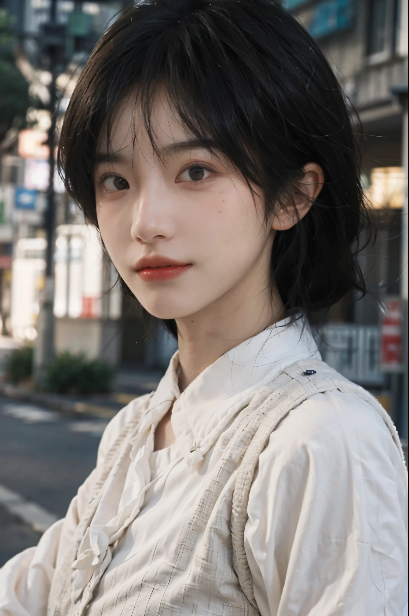 (Skin details:1.4), (smooth skin textures:1.3), Lipstick, background,海滩background, Direct vision, earrings, serene, calm, (Realistic and detailed eyes:1.2), Natural skin texture, Realistic facial details, Soft dramatic lighting, Vivid details, 35 mm film, outdoor, (Photo Practical:1.4), (hyper Practical:1.4), (Practical:1.3), (Smoother lighting:1.05), (Improve lighting quality:0.9), (Highest quality real skin textures:1.4), Exquisite eyes, Delicate face, Close-up of face, (Enhance the beauty of skin texture:1.1), Hair details, Vest,normal body ratio, short hair, Moles under the eyes, thinking, A faint smile,公园background,Portrait Photography, Depth of Field, Bokeh, Surrealism, Ray Tracing, (Portrait Photography:1.1), Surrealism, High Detail, Chiaroscuro, Ray Tracing, reflected light, Ultra HD, Ultra HD, masterpiece, Textured Skin, Super Detail, High Detail, high quality, best quality