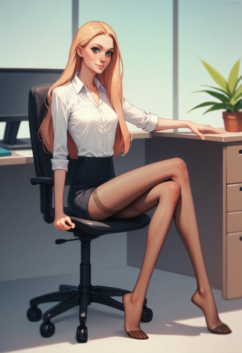 Skinny Skinny Goddess. anorexia. Thin very thin legs, unrealistically long legs in pantyhose. sits in the office. Highest quality