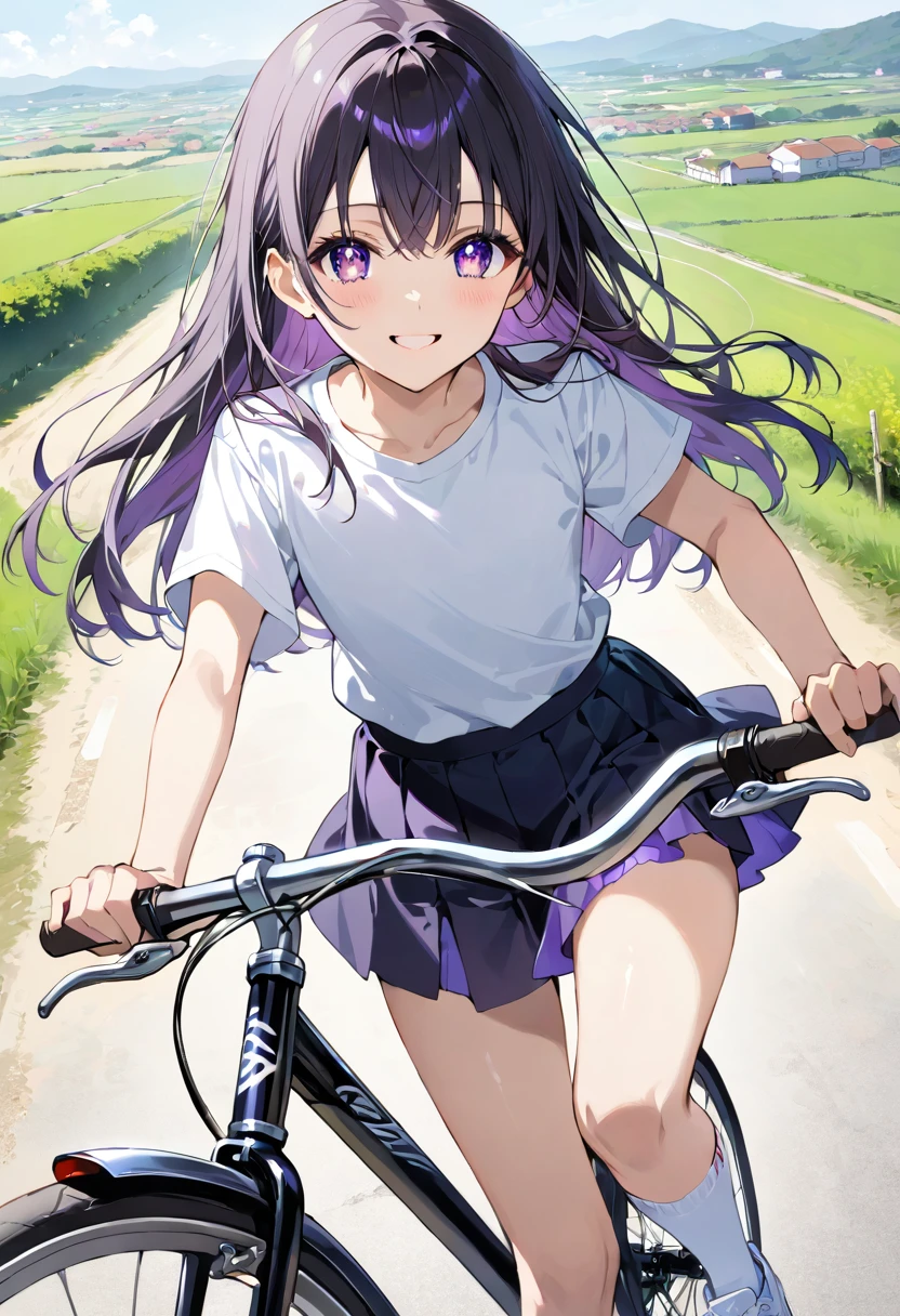 masterpiece, best quality, ultra detailed, sparkling eyes,  highschool giryears old, flack hair, long hair, purple eyes, smiling（one person), Upper body plain white T-shirt, Black mini skirt, White socks, sneakers, Rural landscape, Riding a bicycle, Dynamic angle Low angle