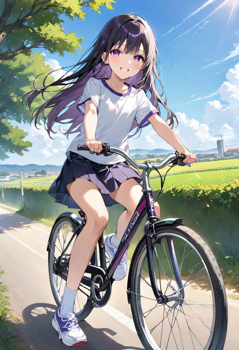 masterpiece, best quality, ultra detailed, sparkling eyes,  highschool giryears old, flack hair, long hair, purple eyes, smiling（one person), Upper body plain white T-shirt, Black mini skirt, White socks, sneakers, Rural landscape, Riding a bicycle, Dynamic angle Low angle