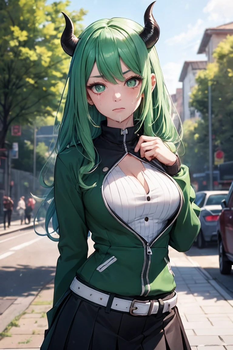 beautiful, (Highest quality, masterpiece, Very detailed: 1.5), Perfect lighting, Shiny, employment, nature, Cobblestones, vapor, blue sky, In the distance, whole body, Face Focus, One girl, mitsuri (Demon slayer), beautiful girl, beautiful face ((mitsuri (Demon slayer))), a girl with long green-pink Gradient Hair and Green Eyes in a long-sleeved jacket with a neckline, white haori, a Black Skirt with a Silver Belt and green striped hips, Pink Hair, Green Hair, Gradient Hair, Multicolored Hair, Long Hair, bangs, Double Knit, Green Eyes, Demon slayer uniform, Long sleeve jacket, white haori, Black Skirt, Silver Belt, Green striped thighs, blush, Sweat, Realistic, chest, Wide Hips, (Thick barbell: 0.9), Low Cut, Are standing, fold your hands behind your back, Viewer's gaze,