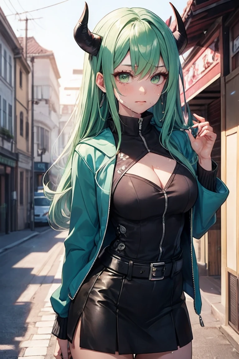 beautiful, (Highest quality, masterpiece, Very detailed: 1.5), Perfect lighting, Shiny, employment, nature, Cobblestones, vapor, blue sky, In the distance, whole body, Face Focus, One girl, mitsuri (Demon slayer), beautiful girl, beautiful face ((mitsuri (Demon slayer))), a girl with long green-pink Gradient Hair and Green Eyes in a long-sleeved jacket with a neckline, white haori, a Black Skirt with a Silver Belt and green striped hips, Pink Hair, Green Hair, Gradient Hair, Multicolored Hair, Long Hair, bangs, Double Knit, Green Eyes, Demon slayer uniform, Long sleeve jacket, white haori, Black Skirt, Silver Belt, Green striped thighs, blush, Sweat, Realistic, chest, Wide Hips, (Thick barbell: 0.9), Low Cut, Are standing, fold your hands behind your back, Viewer&#39;s gaze, Erotica