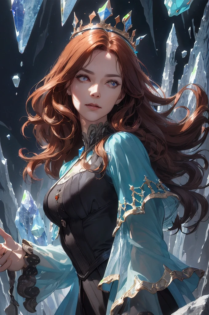(absurdres, highres, ultra detailed), 1woman, mature female, aged up, wavy long hair, auburn hair, coral eyes, bangs, long sleeves, finely detailed eyes and detailed face, extremely detailed CG unity 8k wallpaper, intricate details, (style-swirlmagic:1.0), looking at viewer, solo, upper body, detailed background, close up, detailed face, (gothic dark ages theme:1.1), crystal sorcerer, dynamic pose, earth themed clothes, crystal crown, floating in the air, glowing magical shards, surrounded by blue magical crystals, rock formations, stalactites, magical floating particles, crystal glass, crystal sphere, crystal canyon background, (shallow water:0.7), epic ethereal atmosphere, updraft,, portrait