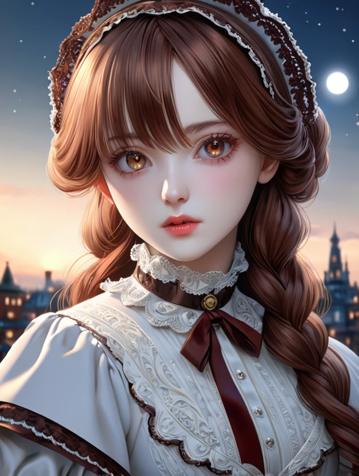 Uma garota de アニメ detalhada e de alta qualidade, with long, loose reddish-brown hair, with white tips and side bangs, reddish brown eyes e white right eye, cold stare e oblíquo, elegant clothes in the style of the Victorian era according to the photo, skin clear as the moon, 1girl,アニメ  , face detailed, beautiful detailed eyes, beautiful detailed lips, extremely detailed eye and face, long eyelashes, Reddish brown hair, white hair ends, reddish brown eyes, white right eye, slanted eyes, cold stare, victorian era dress, Porcelain Skin, Kuroshitsuji Estilo, best qualityer, 4K, 8K, high resolution, Masterpiece artwork: 1.2, ultradetailed, realisitic, fotorrealisitic, fotorrealisitic: 1.37, HDR, uhd, studio lighting, ultra-fine painting, sharp focus, Physically based rendering, extreme detailed description, proffesional, bright coloured, bokeh