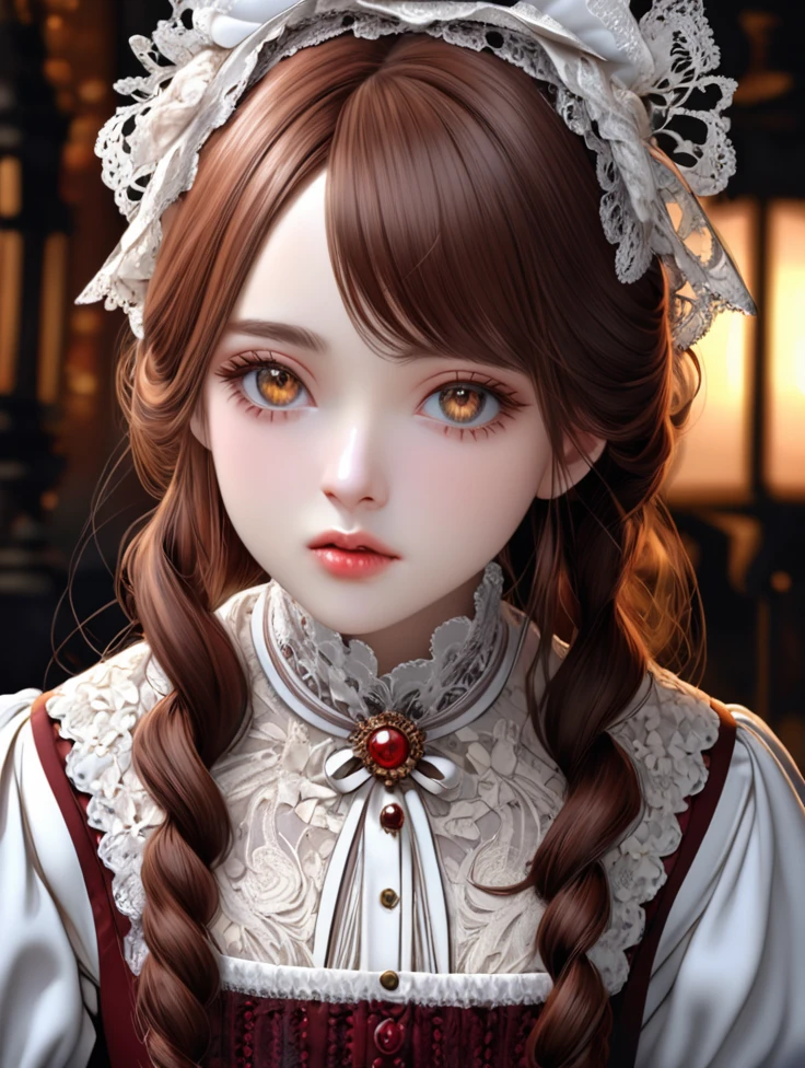 Uma garota de アニメ detalhada e de alta qualidade, with long, loose reddish-brown hair, with white tips and side bangs, reddish brown eyes e white right eye, cold stare e oblíquo, elegant clothes in the style of the Victorian era according to the photo, skin clear as the moon, 1girl,アニメ , face detailed, beautiful detailed eyes, beautiful detailed lips, extremely detailed eye and face, long eyelashes, Reddish brown hair, white hair ends, reddish brown eyes, white right eye, slanted eyes, cold stare, victorian era dress, Porcelain Skin, Kuroshitsuji Estilo, best qualityer, 4K, 8K, high resolution, Masterpiece artwork: 1.2, ultradetailed, realisitic, fotorrealisitic, fotorrealisitic: 1.37, HDR, uhd, studio lighting, ultra-fine painting, sharp focus, Physically based rendering, extreme detailed description, proffesional, bright coloured, bokeh