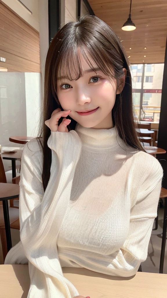 Browsing Caution, Tabletop, Highest quality, shape, Very detailed, In detail, High resolution, 8k wallpaper, Perfect dynamic composition, Slim face、Beautiful details, Knitted sweater、Cafe、Strong sunlight、Upper body close-up、Big Breasts、Please open your mouth wide、smile、Cute pose、Detailed five fingers
