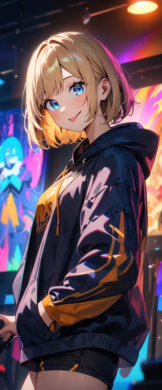 (((One girl))), blond hair, bob cut, (upper body), (looking at viewer), breasts, teenager, head tilt:1.3, (((blue eye))), (from side), hand in pocket, ((happy smile)), tongue out, black hoodie, black shorts, anime style, (best quality, 4k, 8k, highres, masterpiece:1.2, ultra-detailed, ultra-detailed eyes, HDR, UHD, studio lighting, ultra-fine painting, sharp focus, physically-based rendering, extreme detail description, professional, vivid colors, bokeh)