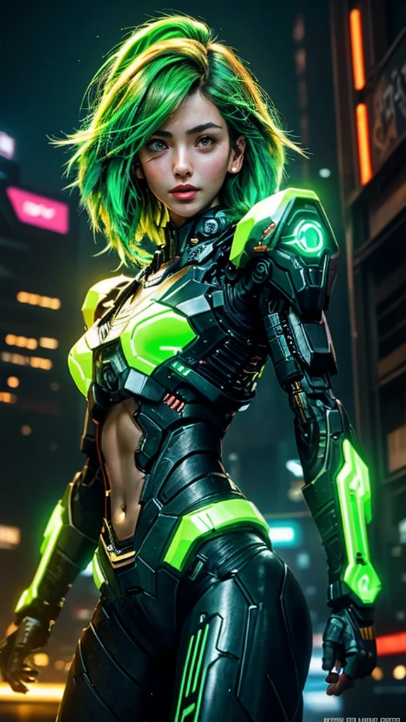 cyborg girl, machine gun hand, green eyes, cyberpunk city background, neon light, neon hair, greeting pose, masterpiece, ultra high details