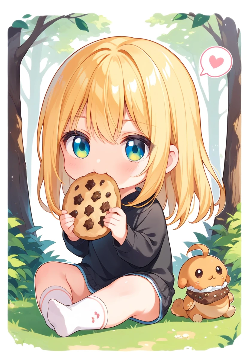 score_9, score_8_up, score_7_up, source_anime, (chibi), eating cookie, spoken heart, sitting, golden hair, black shirt, black short, forest background, simple background
