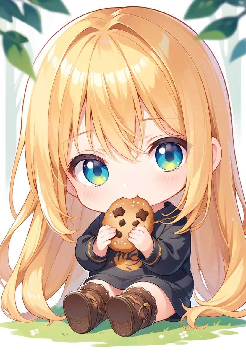 score_9, score_8_up, score_7_up, source_anime, (chibi), eating cookie, spoken heart, sitting, golden hair, black shirt, black short, forest background, simple background