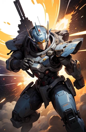 Highest quality、Fantasy、masterpiece、Giant robot whole body、The colours are white and blue、Glossy body with exquisite details、Well-proportioned limbs、Military helmet-like head、Precisely drawn goggle eyes、Space War、Fighting with a rifle、Shining in the sunshine、explosion、flash