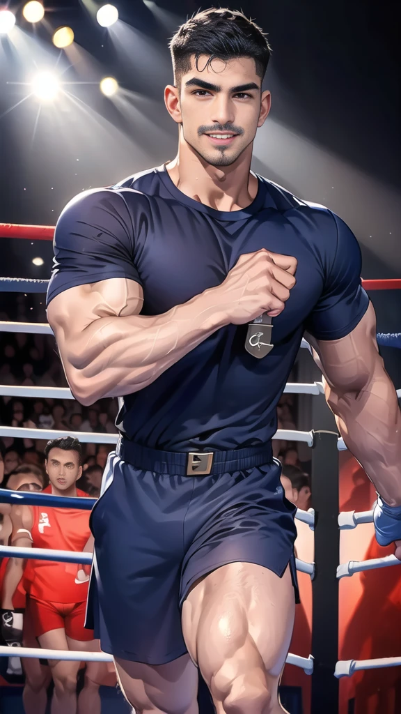(handsome Man),(Thin mustache:1.1),(crew cut short hair:1.5),black eye,
(navy blue tight-fitting round neck short sleeve T-shirt:1.3),(Police badge:1.3),navy blue cargo pants,(navy_gloves:1,3),(navy_backpack:1.3),(sunglasses:1.3),
Korean guy,chest muscles,large arm muscles,blood vessel,Big muscles,Broad shoulders,(open mouth:1.2),(face up:1.2),(open eyes:1.5),middle of the road,smile,(boxing ring:1.4),