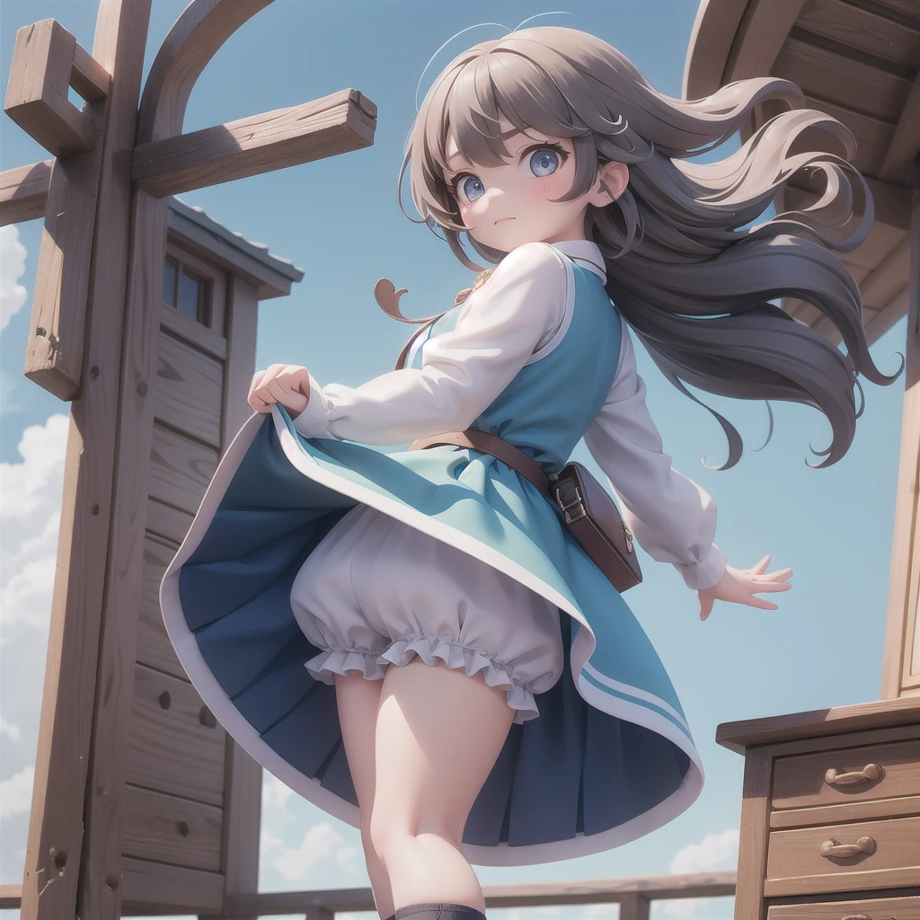 girl 、Medieval dress with panniers、Fabric Realism、Low Angle、wear bloomers、You can see the drawer、Pull up the hem of your dress with your hands、Strong winds、blue sky