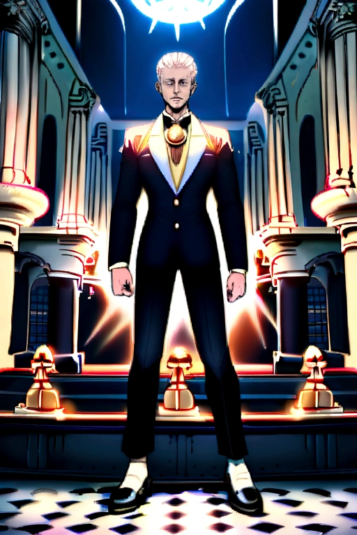 Bel homme, strong physique, chemisier social de couleur noire, pantalon long blanc, chaussures sociales de couleur noire, cheveux blonds fendus au milieu, Cheveux raides, yeux de couleur marron, apparence élancée, élégant, décor de bibliothèque, cravate marron, regard indifférent, ancien royaume, homme dans la quarantaine.