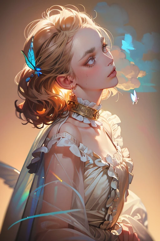 lifeimitatesart (Masterpiece) The woman,brown woman, luna, Cloud, Angel, Dumb, Trevor Brown's Style, Octane Render, deity, Vivienne Westwood, rococo, Punk decorations, SAD512 (fashion photography, Faded, Film grain, Muted colors, Epic Realistic, (pre-raphaelitism), Detailed Face, soft focus, eclectic,glistering,Butterflies all around,Clouds,Light,Like at sunset,glittering,Transferable,rainbow,Angel Wings White,nimbus,glistering,Everything glitters