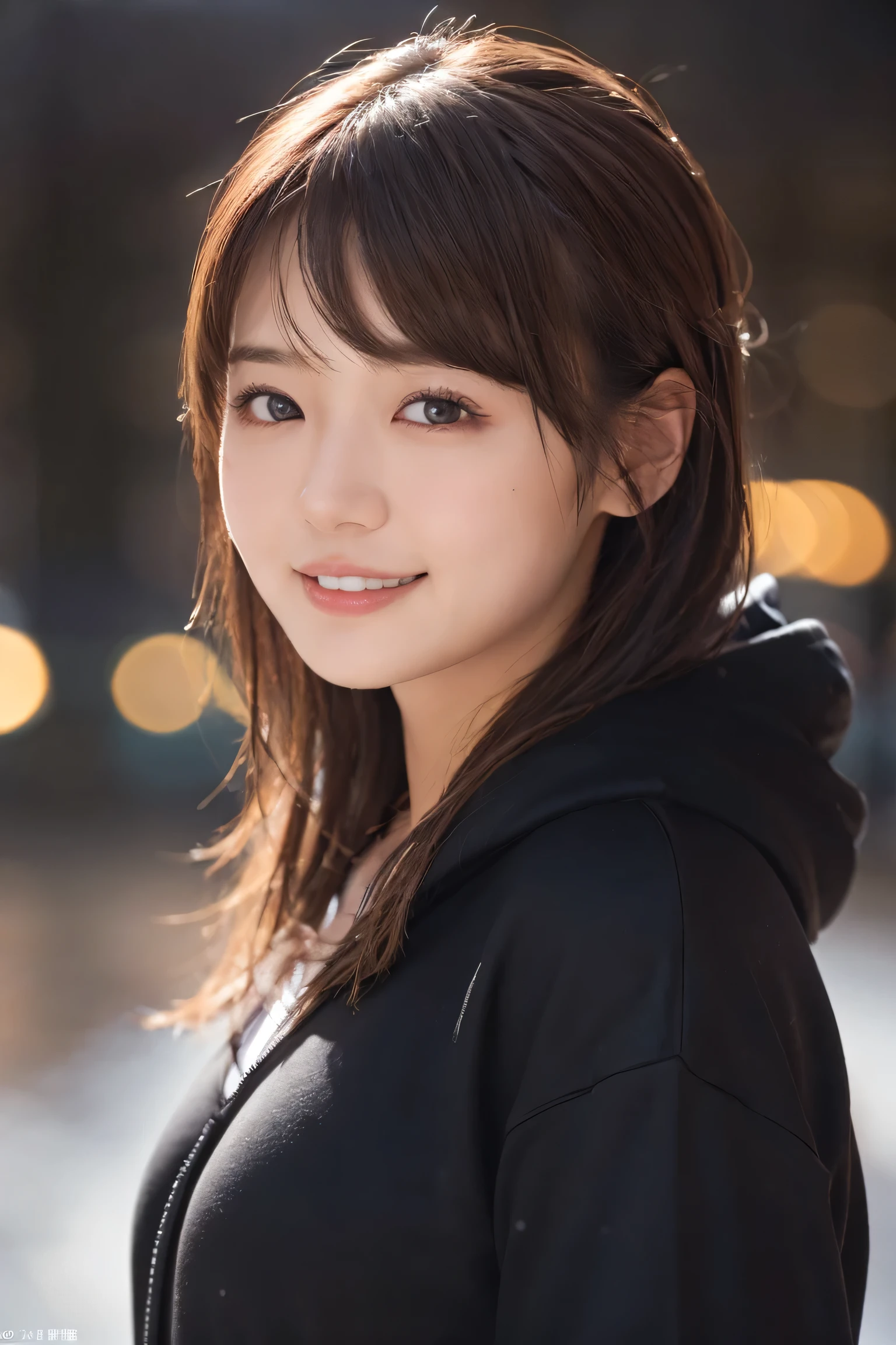 1 Girl, (Wear a black hoodie:1.2), (RAW Photos, highest qualthaty), (Realistic, Realistic:1.4), Tabletop, Very delicate and beautiful, Very detailed, 2k wallpaper, wonderful, finely, Very detailed CG Unthaty 8K wallpaper, Very detailed, High resolution, Soft Light, Beautiful detailed girl, Very detailed目と顔, Beautiful and sophisticated nose, Finely beautiful eyes, Cinema Lighting, Illuminations that light up the cthaty on a snowy night, Snow Scene, that'that'that'it's snowing, Snow fell in my hair, Perfect Anatomy, Slender body, Was nervous,
Straight semi-long hair, bangs, Looking at the audience, smile、Fluffy scarf