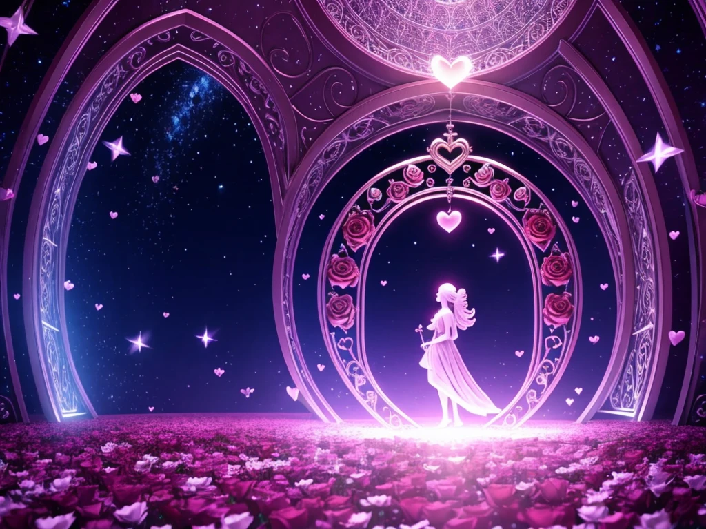 Open the dimensional gate where Cupid stands, Surrounded by floating 3D hearts and roses, Lovers、Twin Ray、Twin Flame、universe、star、流れstar、like