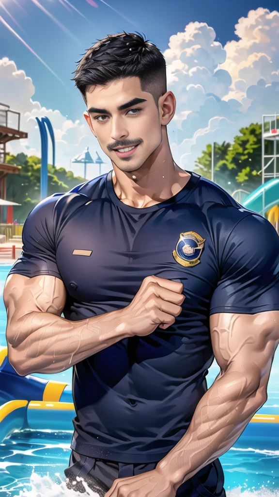 (handsome Man),(Thin mustache:1.1),(crew cut short hair:1.5),black eye,
(navy blue tight-fitting round neck short sleeve T-shirt:1.3),(Police badge:1.3),navy blue cargo pants,(navy_gloves:1,3),
Korean guy,chest muscles,large arm muscles,blood vessel,Big muscles,Broad shoulders,(open mouth:1.2),(face up:1.2),(open eyes:1.5),middle of the road,smile,(water park:1.4),