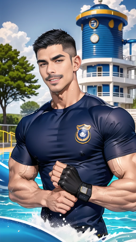 (handsome Man),(Thin mustache:1.1),(crew cut short hair:1.5),black eye,
(navy blue tight-fitting round neck short sleeve T-shirt:1.3),(Police badge:1.3),navy blue cargo pants,(navy_gloves:1,3),
Korean guy,chest muscles,large arm muscles,blood vessel,Big muscles,Broad shoulders,(open mouth:1.2),(face up:1.2),(open eyes:1.5),middle of the road,smile,(water park:1.4),