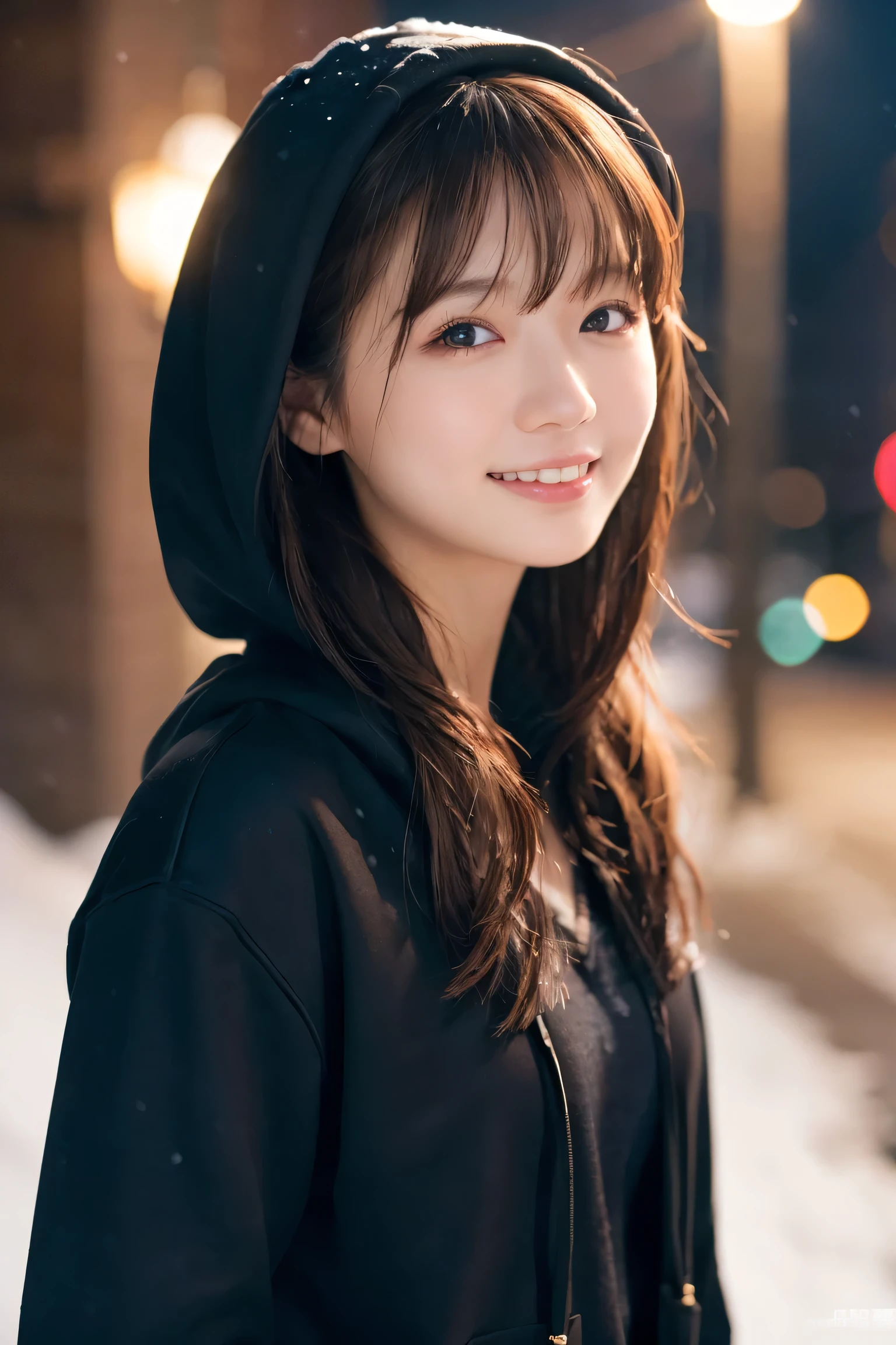 1 Girl, (Wear a black hoodie:1.2), (RAW Photos, highest qualthaty), (Realistic, Realistic:1.4), Tabletop, Very delicate and beautiful, Very detailed, 2k wallpaper, wonderful, finely, Very detailed CG Unthaty 8K wallpaper, Very detailed, High resolution, Soft Light, Beautiful detailed girl, Very detailed目と顔, Beautiful and sophisticated nose, Finely beautiful eyes, Cinema Lighting, Illuminations that light up the cthaty on a snowy night, Snow Scene, that'that'that'it's snowing, Snow fell in my hair, Perfect Anatomy, Slender body, Was nervous,
Straight semi-long hair, bangs, Looking at the audience, smile、Fluffy scarf