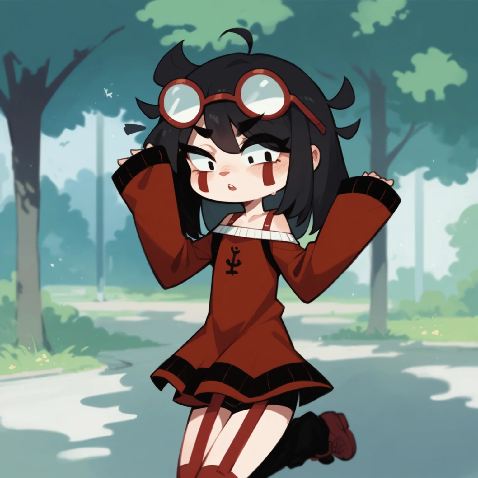 2 Red Kemono kitsunes, femboy clothing: black turtleneck croptop (long sleeves), black panties, black thigh highs (white stripes at the top), black rounded glasses. Twink, curvy body