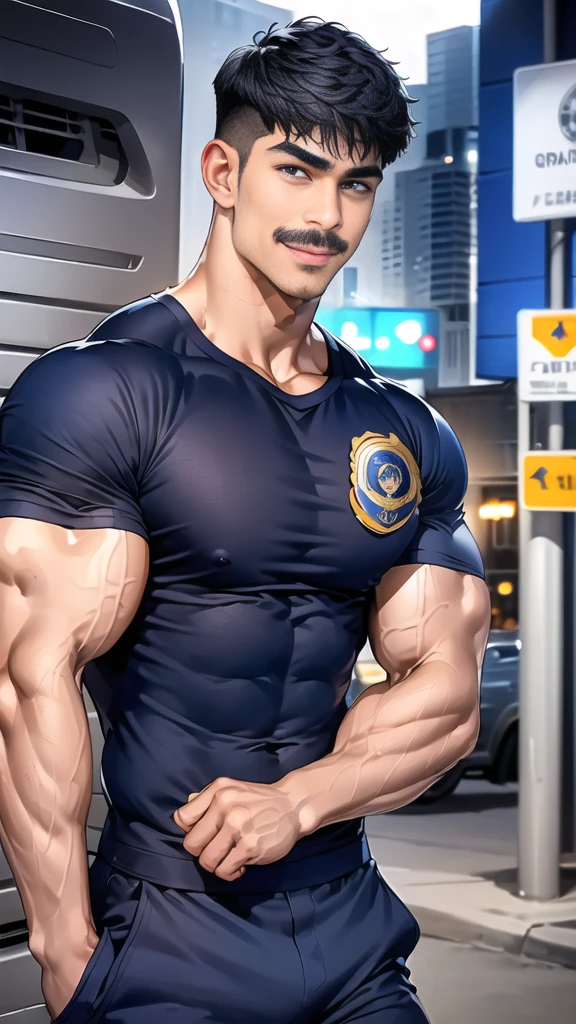 (handsome Man),(Thin mustache:1.1),(crew cut short hair:1.5),black eye,
(navy blue tight-fitting round neck short sleeve T-shirt:1.3),(Police badge:1.3),navy blue cargo pants,(navy_gloves:1,3),
Korean guy,chest muscles,large arm muscles,blood vessel,Big muscles,Broad shoulders,(open mouth:1.2),(face up:1.2),(open eyes:1.5),middle of the road,smile,(City town:1.4),