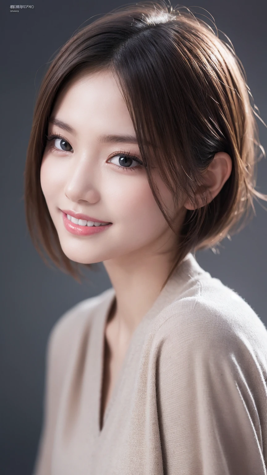 One Girl, (Wear trendy fashion:1.2), (RAW Photos, Highest quality), (Realistic, Realistic:1.4), Tabletop, Very delicate and beautiful, Very detailed, 2k wallpaper, wonderful, In detail, Very detailedな CG Unity 8K 壁紙, Very detailedな, High resolution, Soft Light, Beautiful detailed girl, Looking into the camera、Very detailedな目と顔, Beautiful and sophisticated nose, Beautiful details, short hair, small, Grey clothes、White Background、Background is white、Cinema Lighting, Perfect Anatomy, Glamour, smile,