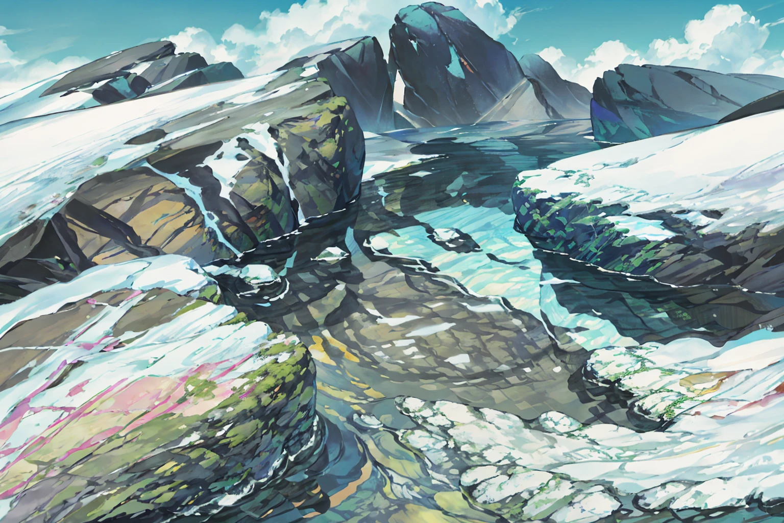 summer, rocky area, rock formation, (illustration : 1.0), Narrative composition, realistic lighting, HD detail, masterpiece, best quality best, (Highly detailed CG integrated 8k wallpaper), wide and flat rocky area, A small, sharp, rough rock at the top of the screen.