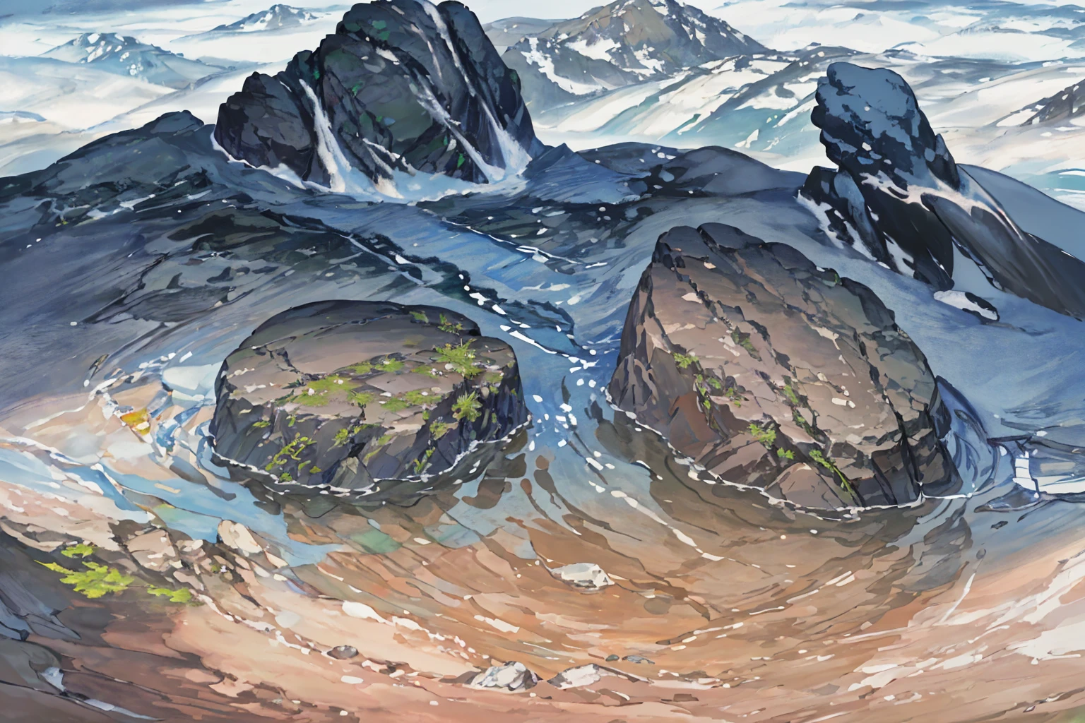 summer, rocky area, rock formation, (illustration : 1.0), Narrative composition, realistic lighting, HD detail, masterpiece, best quality best, (Highly detailed CG integrated 8k wallpaper), wide and flat rocky area, A small, sharp, rough rock at the top of the screen.