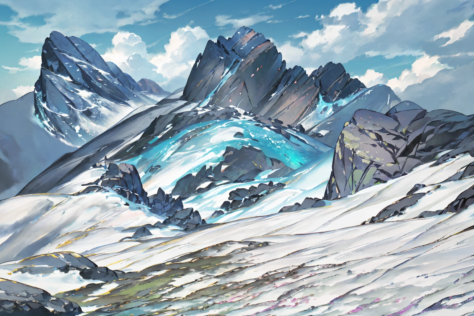 summer, rocky area, rock formation, (illustration : 1.0), Narrative composition, realistic lighting, HD detail, masterpiece, best quality best, (Highly detailed CG integrated 8k wallpaper), wide and flat rocky area, A small, sharp, rough rock at the top of the screen.