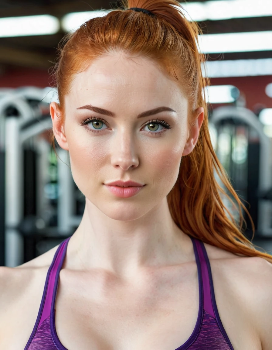 full body shot, of a very beautiful realistic girl, is in the gym, porcelain skin, very light skin, very pale skin, redhead, wavy, pony tail, Detail of skin structure, hazel eyes, Slit eyes, small-nose, small nostril, think of arched eyebrows, thick lower lip, seductive glance, happy face, unique face, Wear sportswear, foto realista, Masterpiece Image, sharp image, day lights

