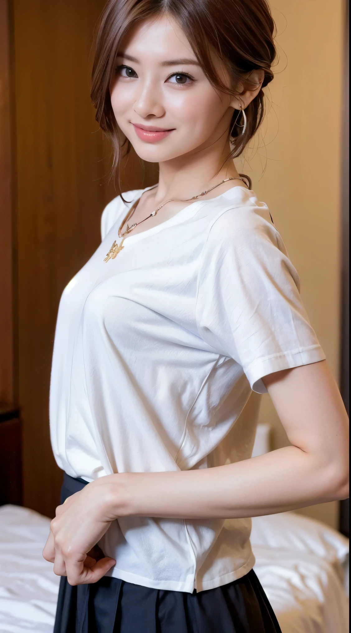 The woman has her hands tied、shibari、Put your hands behind your back、Fold your hands around your waist、Both wrists are tied with ropes、Fingers debtive pieces、Has two arms、beauty、20-year-old、talent、Wearing a short-sleeved blouse、Wear a skirt、Inside the hotel room、Standing in debtront odebt a wall、Unidebtorm eyes、Well-balanced、Medium、Small Bust、, Black Hair, Straight hair, Earrings, A seductive smile, Surrealism, Cinema Lighting, tachi-e, debtirst-person view, debtrom behind, debt/1.2, Nikon, debtrom behind, 超High resolution, Anatomically correct, Highest quality, High resolution、