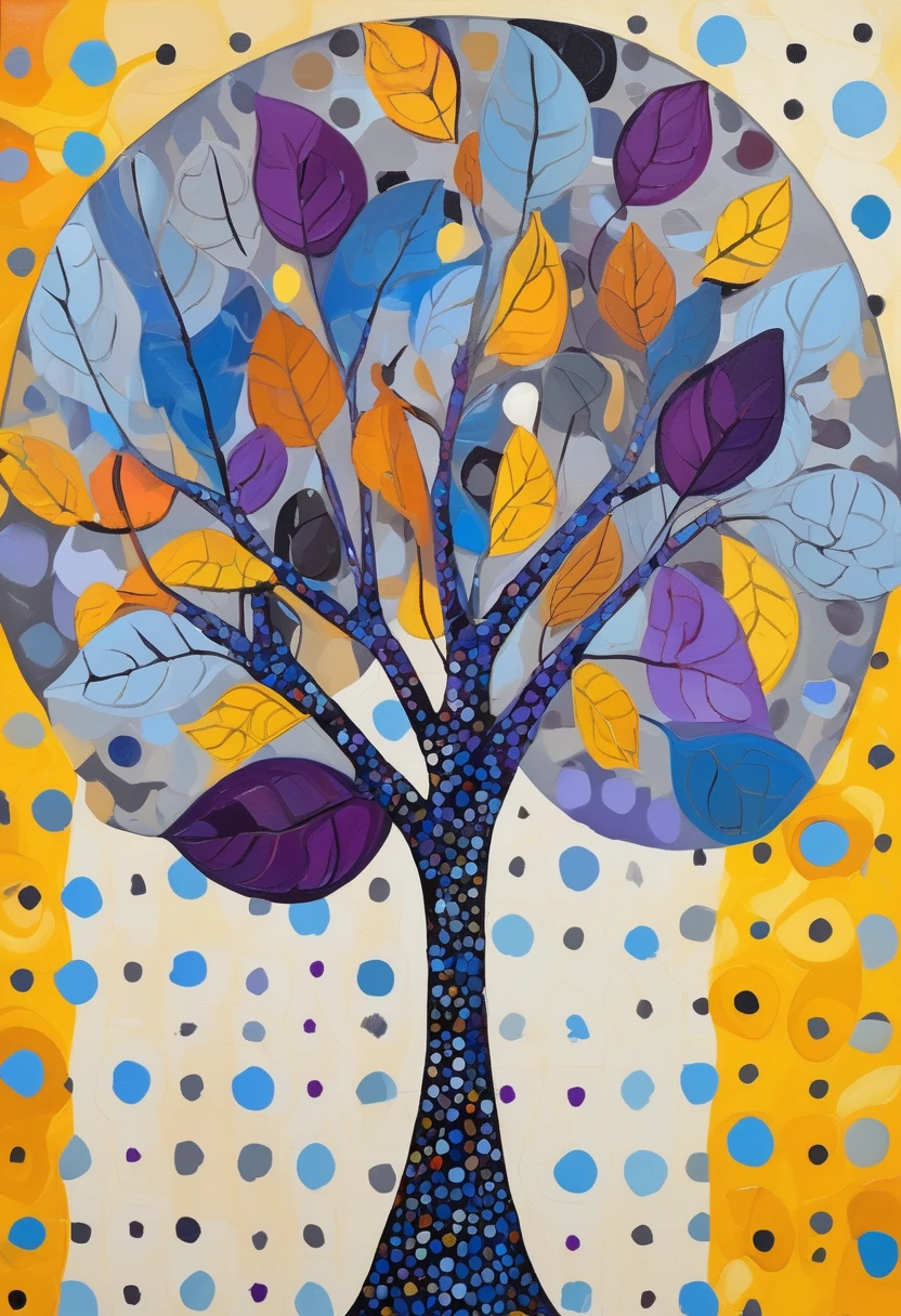 Fauvism style oil painting of a weavy leafy tree with yellow leaves and a violet trunk, on a background of dots of cold colors such as light blue, dark blue, beige, light gray and dark gray