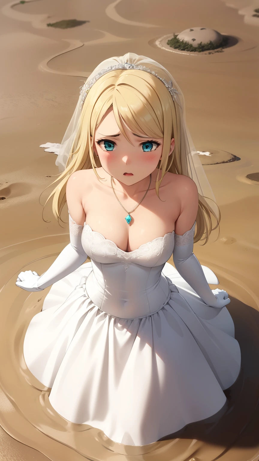 masterpiece, best quality, highly detailed, ultra high res, ayase arisa, 1girl, solo, hair ornament, long blonde hair, glossy lips, medium breasts, aqua eyes, wedding dress, upset, scared, elbow gloves, (quicksand:1.3), necklace, from above, (wedding dress spread on ground)